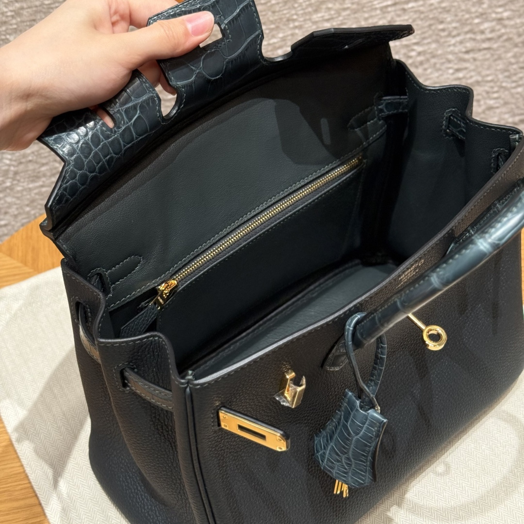 高仿Hermes*Birkin25系列H041344BOCM60松柏綠鱷魚皮拼牛皮金扣純手工