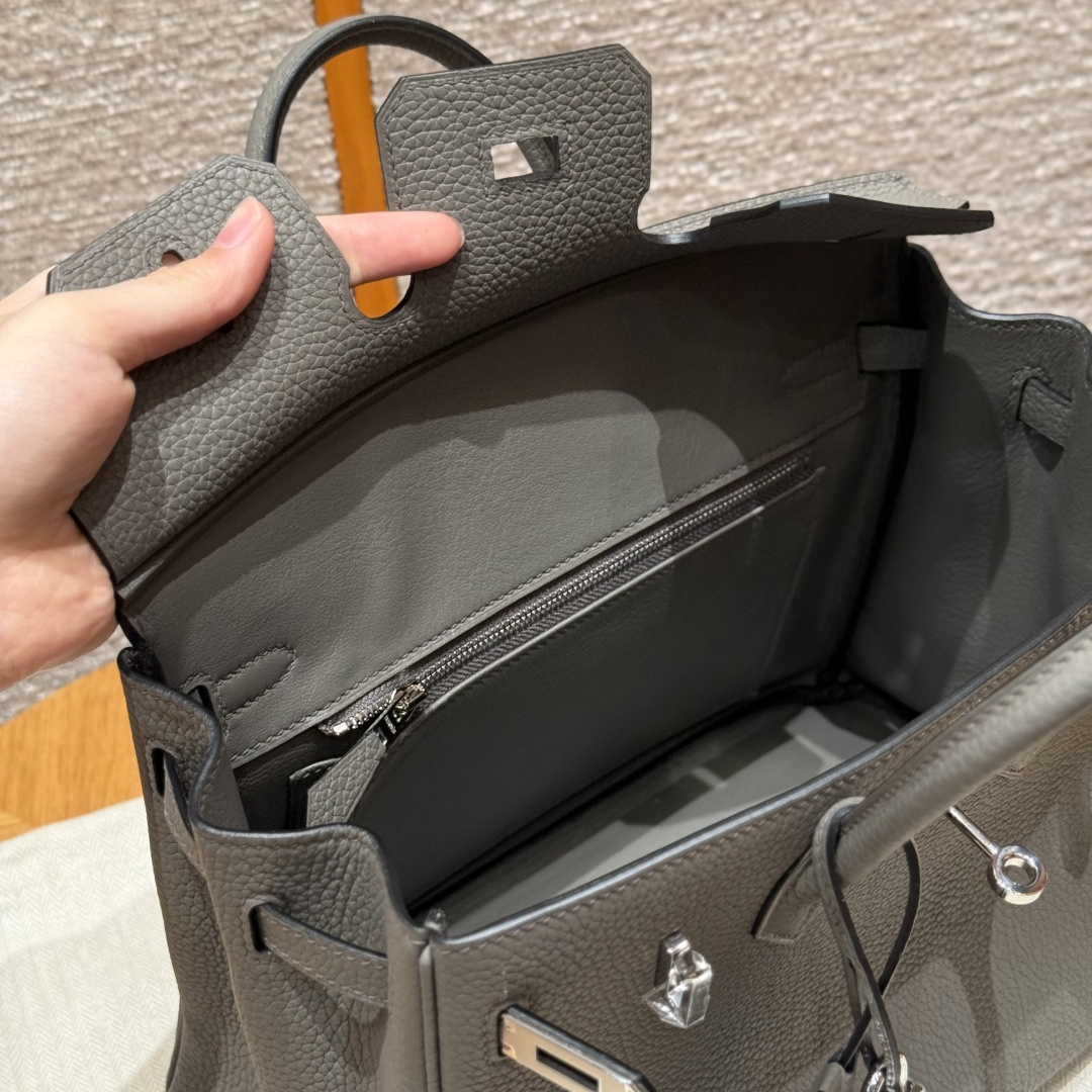 高仿Hermes*Birkin25系列H041344BO0L積雨雲灰牛皮銀扣純手工