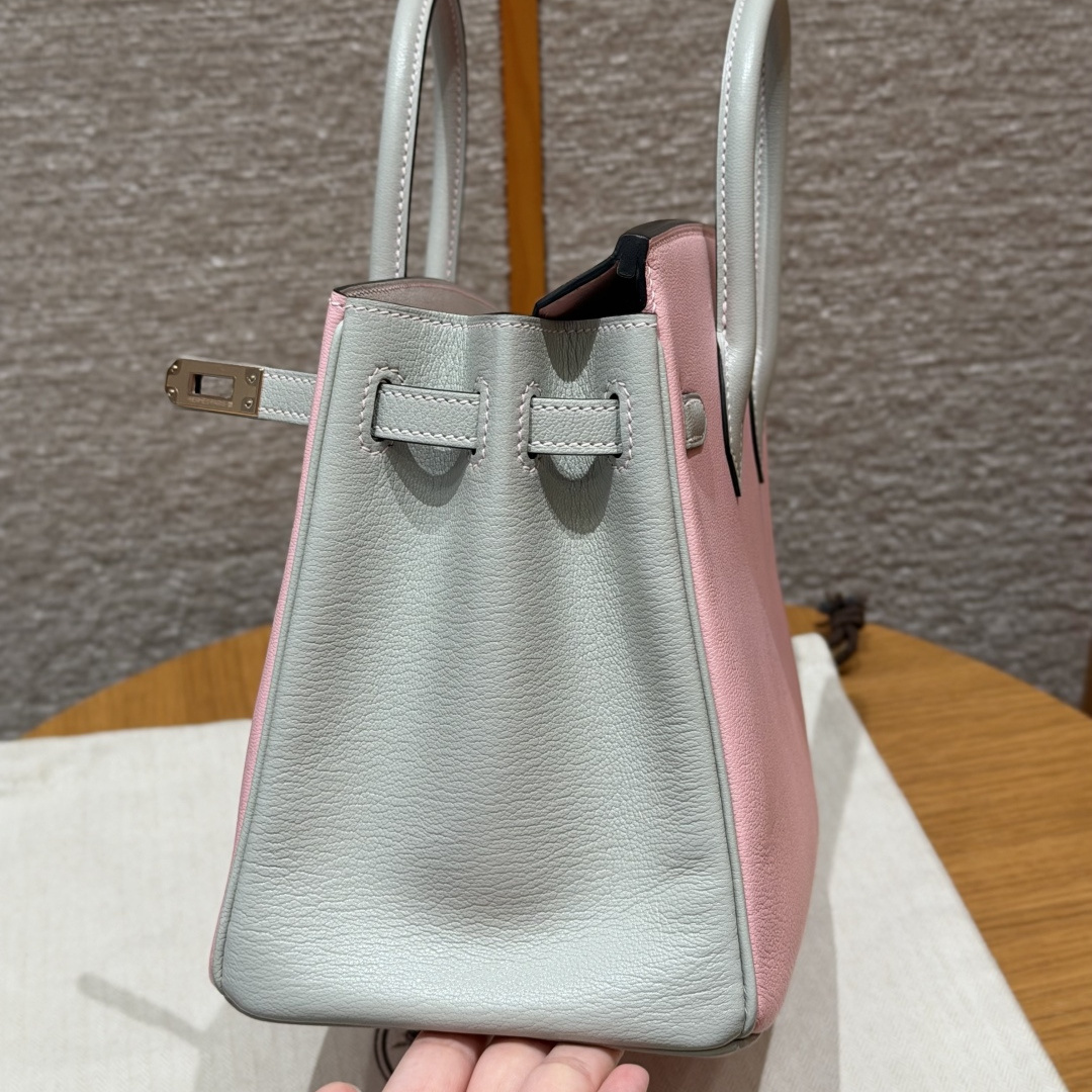 高仿Hermes*Birkin25系列H041344CA3Q80櫻花粉拼珍珠灰山羊皮金扣純手工