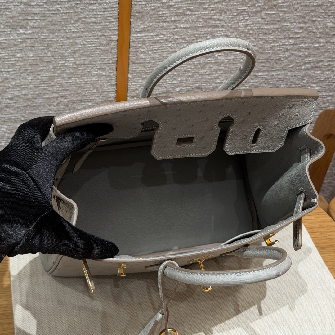 高仿Hermes*Birkin25系列H041344OS80珍珠灰鴕鳥皮金扣純手工