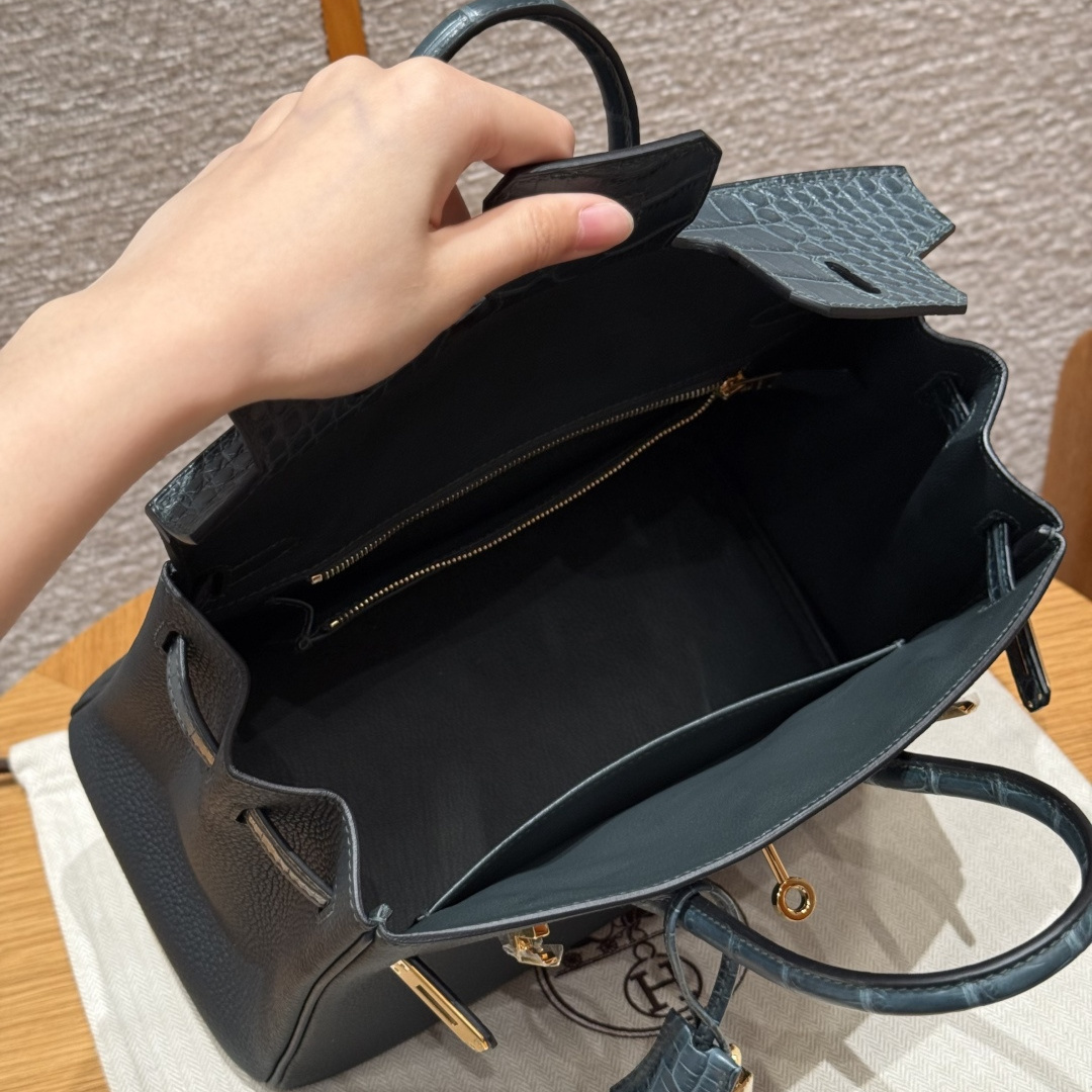 高仿Hermes*Birkin25系列H041344BOCM60松柏綠鱷魚皮拼牛皮金扣純手工