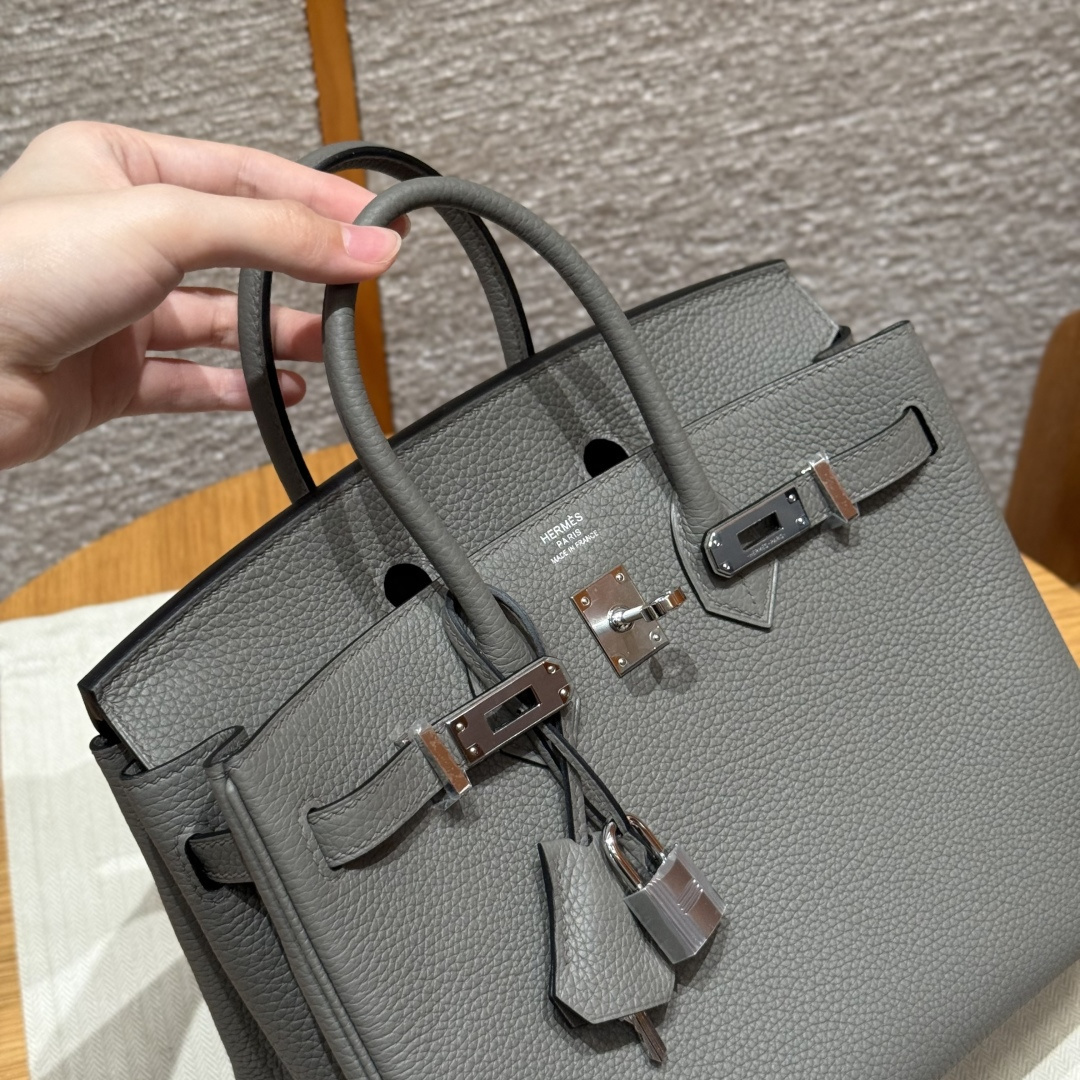高仿Hermes*Birkin25系列H041344BO0L積雨雲灰牛皮銀扣純手工