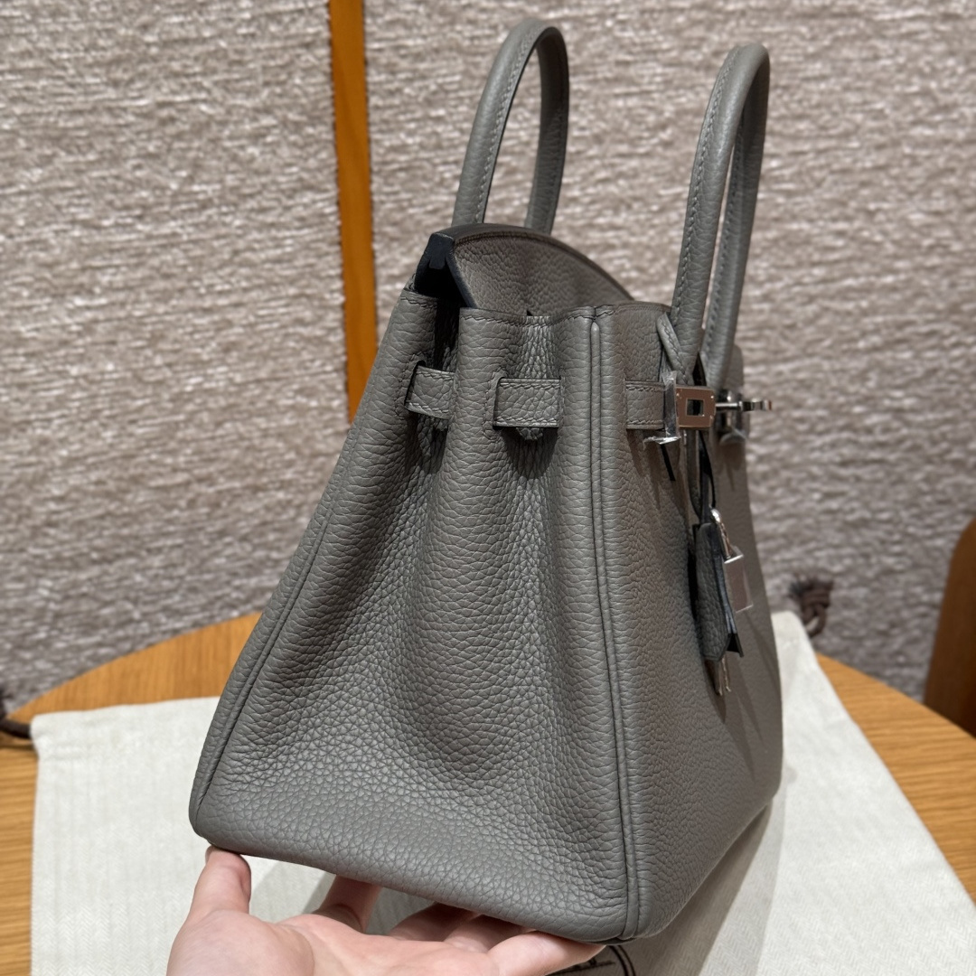 高仿Hermes*Birkin25系列H041344BO0L積雨雲灰牛皮銀扣純手工