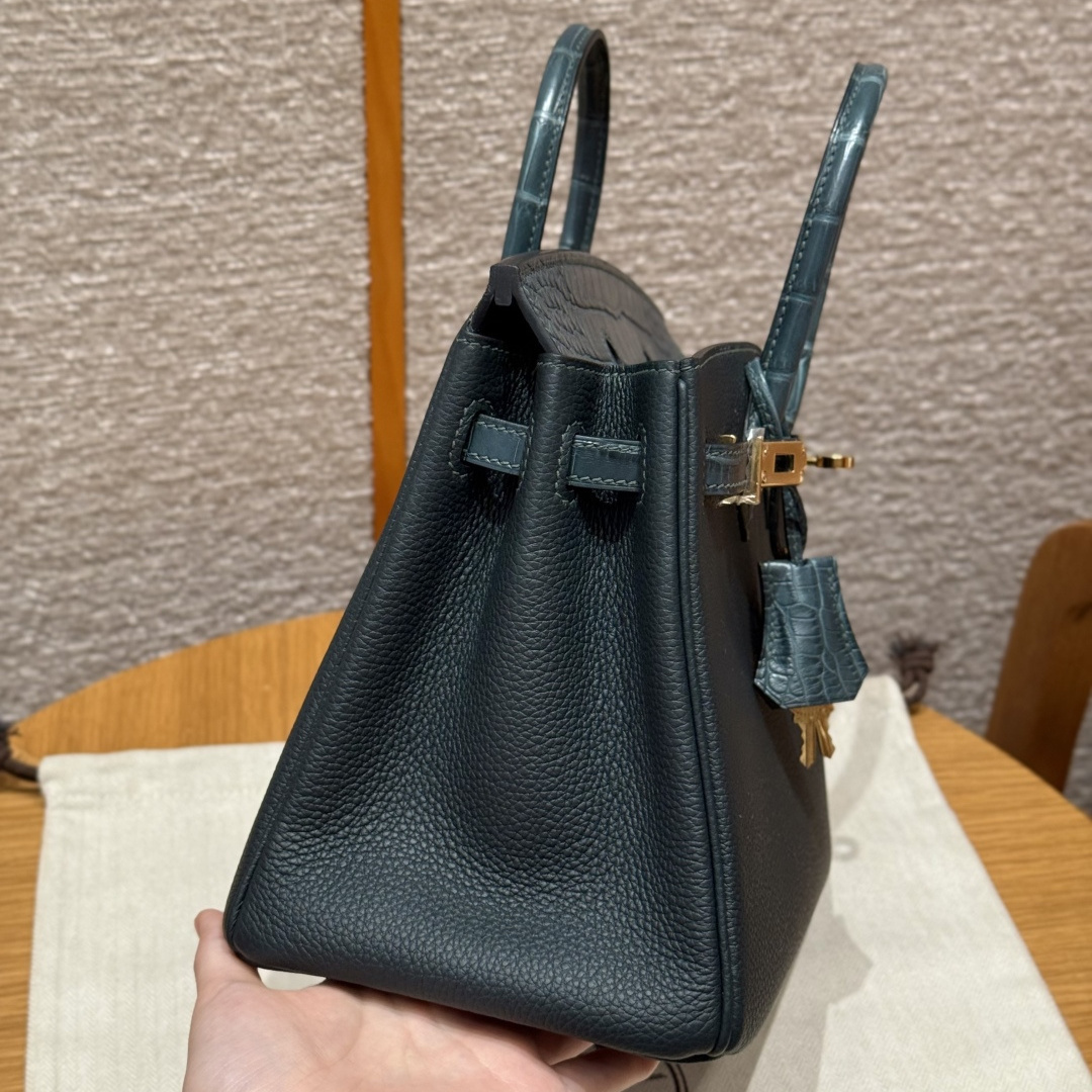 高仿Hermes*Birkin25系列H041344BOCM60松柏綠鱷魚皮拼牛皮金扣純手工