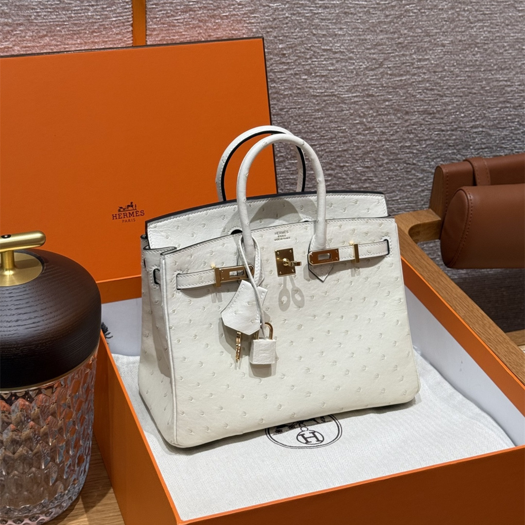 高仿Hermes*Birkin25系列H041344OS3C羊毛白鴕鳥皮金扣純手工
