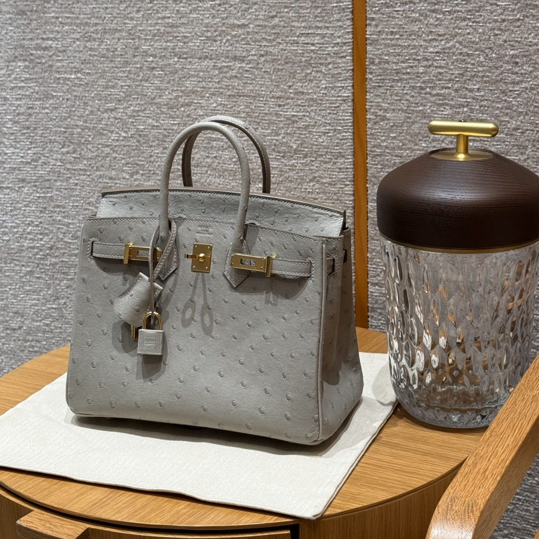 高仿Hermes*Birkin25系列H041344OS80珍珠灰鴕鳥皮金扣純手工