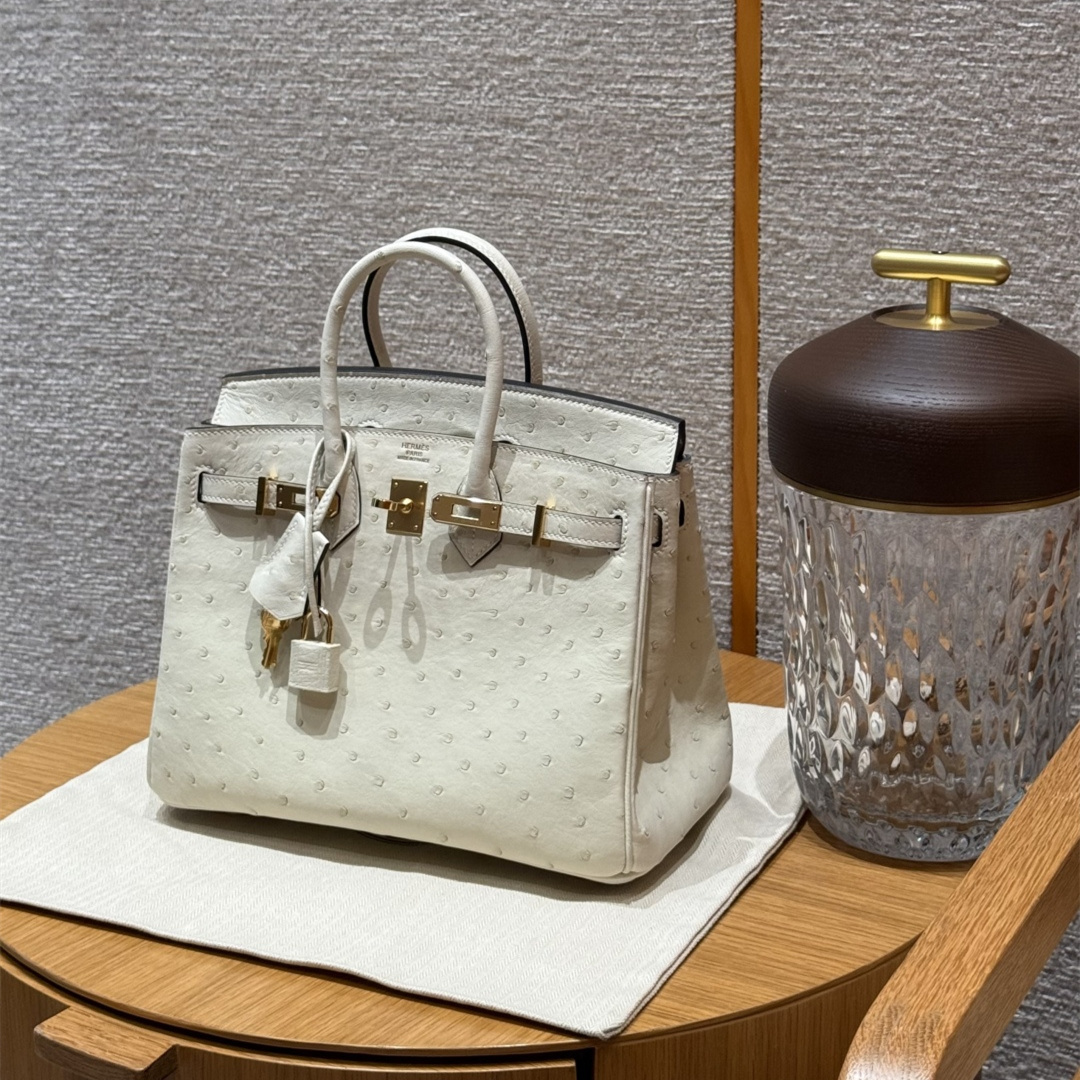 高仿Hermes*Birkin25系列H041344OS3C羊毛白鴕鳥皮金扣純手工