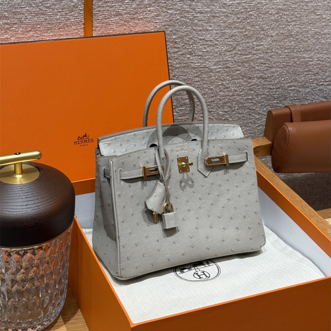 高仿Hermes*Birkin25系列H041344OS80珍珠灰鴕鳥皮金扣純手工