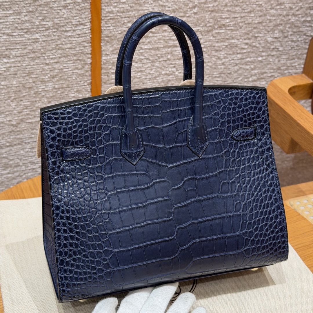 高仿Hermes*Birkin25系列H073178CM37寶石藍鱷魚皮金扣純手工