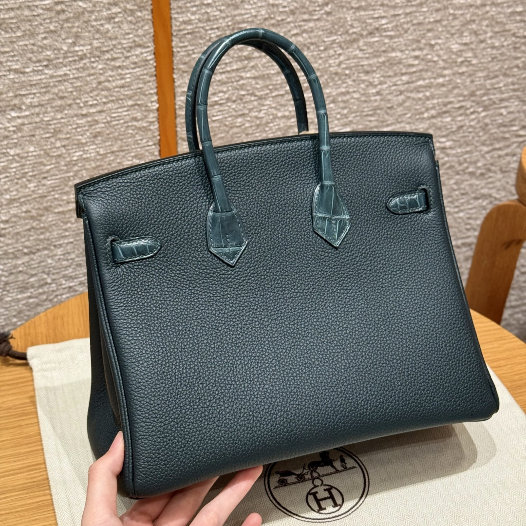 高仿Hermes*Birkin25系列H041344BOCM60松柏綠鱷魚皮拼牛皮金扣純手工