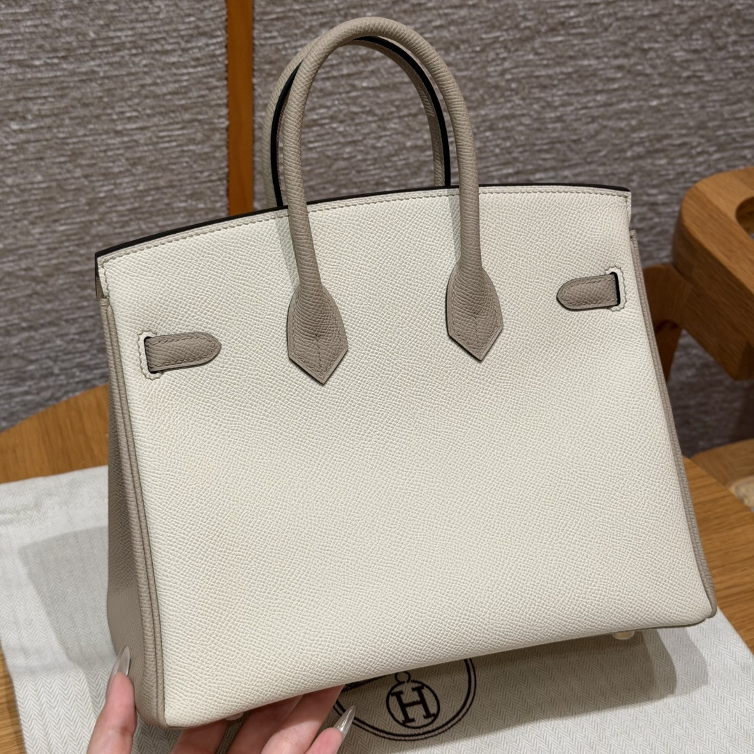 高仿Hermes*Birkin25系列H041344EPI2S2奶油白拼風衣灰牛皮金扣純手工