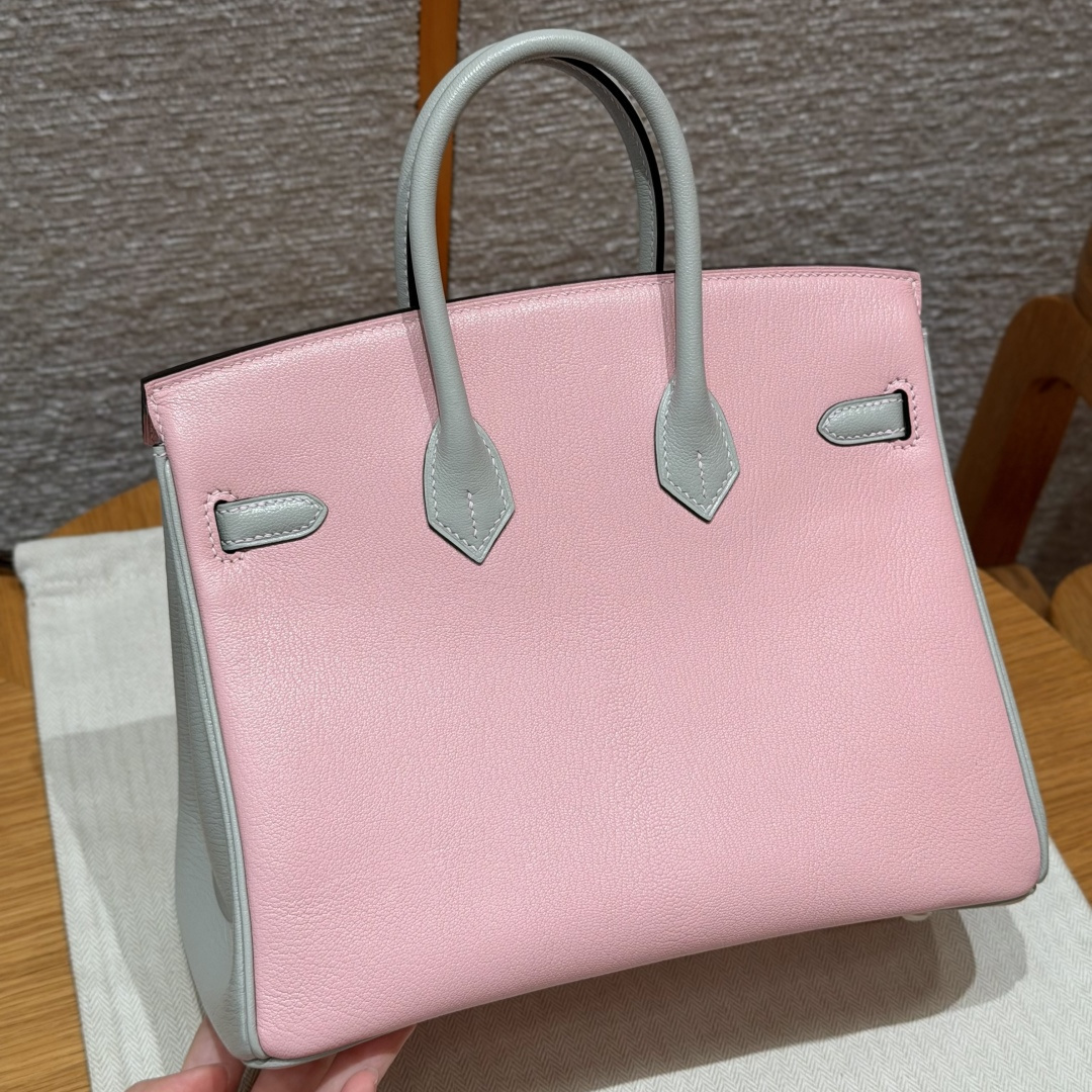 高仿Hermes*Birkin25系列H041344CA3Q80櫻花粉拼珍珠灰山羊皮金扣純手工