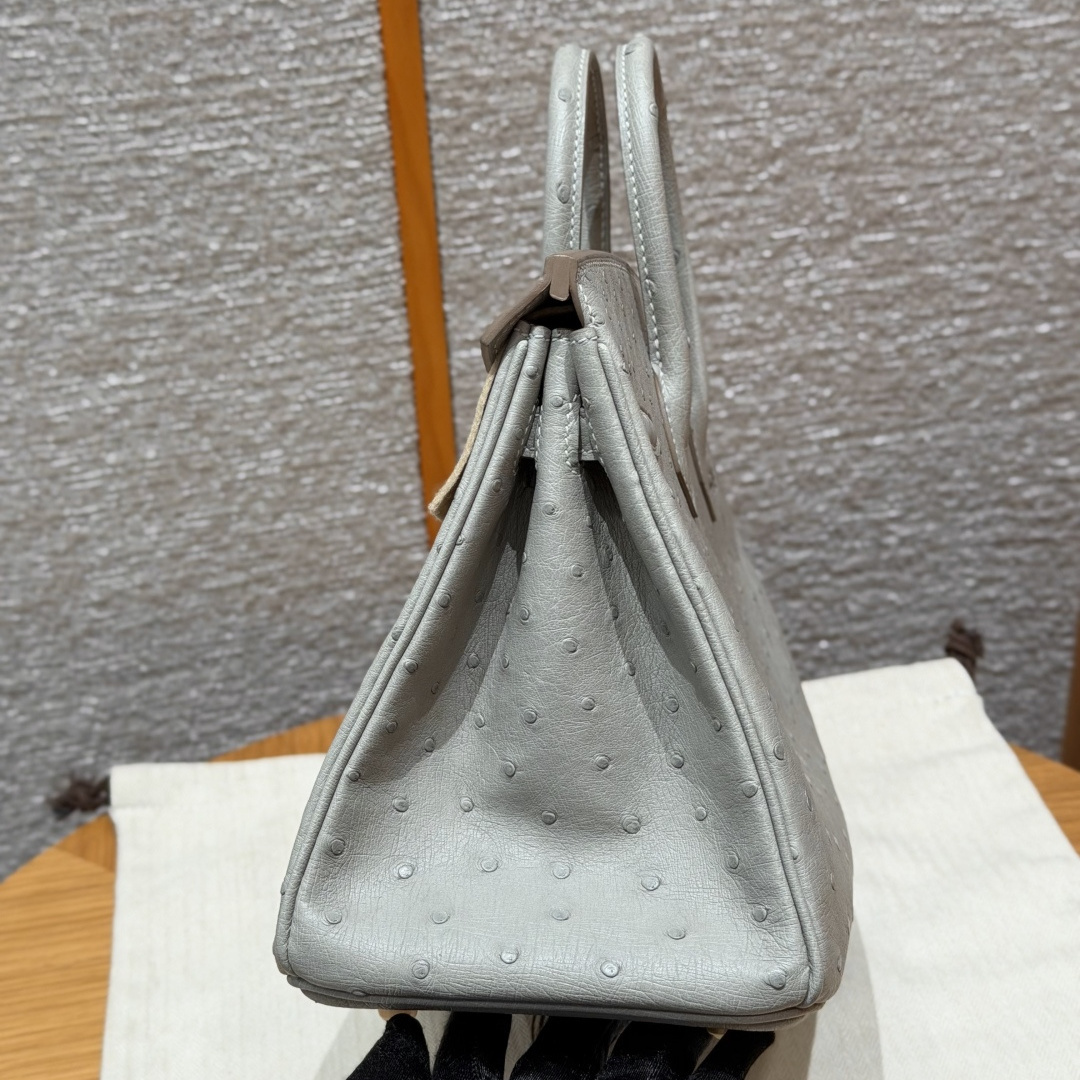 高仿Hermes*Birkin25系列H041344OS80珍珠灰鴕鳥皮金扣純手工
