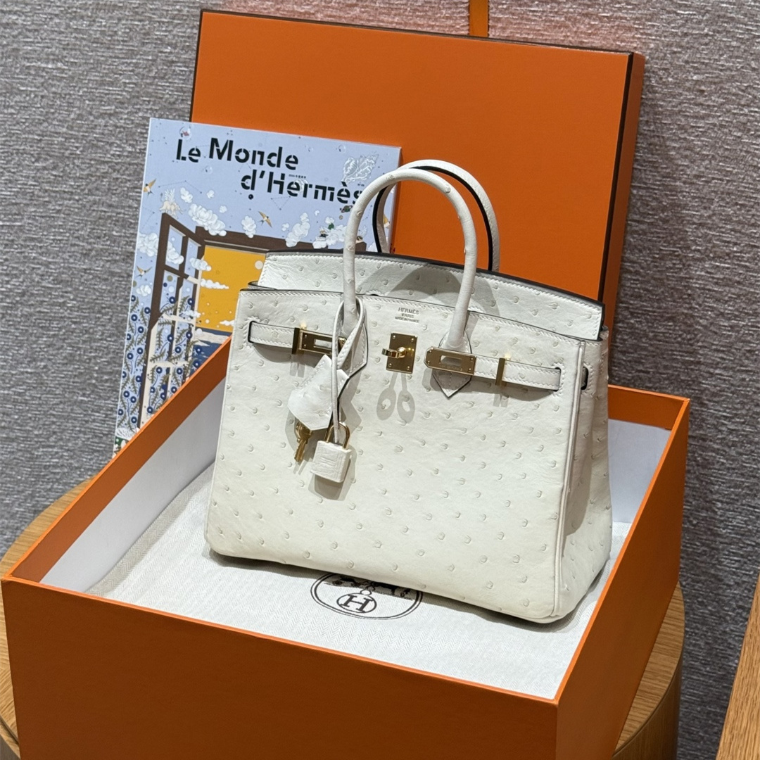 高仿Hermes*Birkin25系列H041344OS3C羊毛白鴕鳥皮金扣純手工