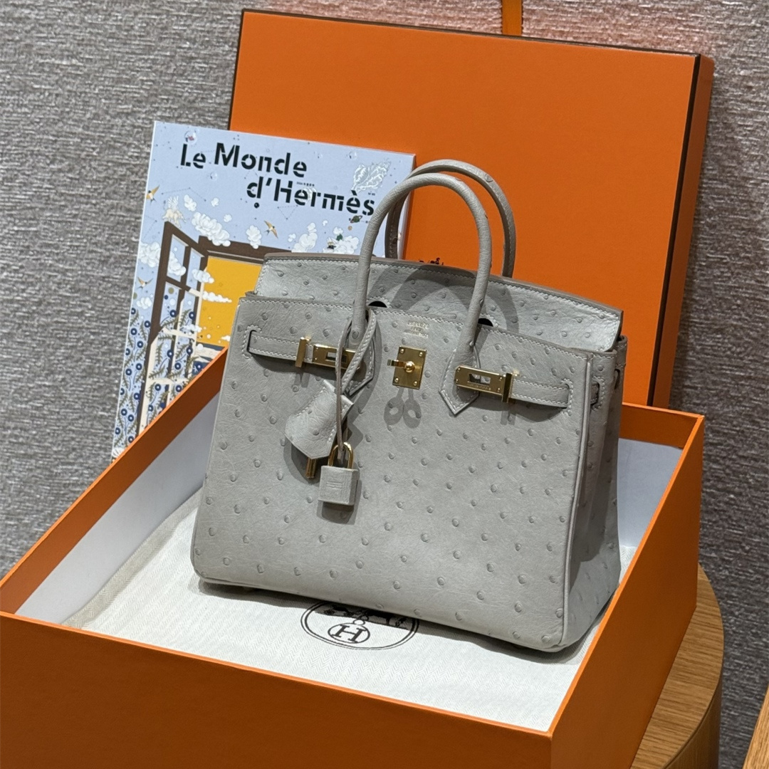 高仿Hermes*Birkin25系列H041344OS80珍珠灰鴕鳥皮金扣純手工