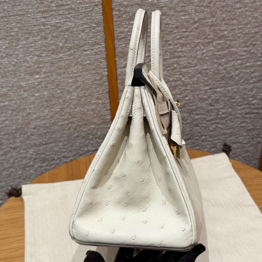 高仿Hermes*Birkin25系列H041344OS3C羊毛白鴕鳥皮金扣純手工