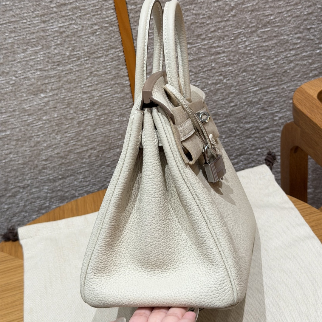 高仿Hermes*Birkin25系列H041344BO1057奶昔白拼波爾多紅牛皮銀扣純手工