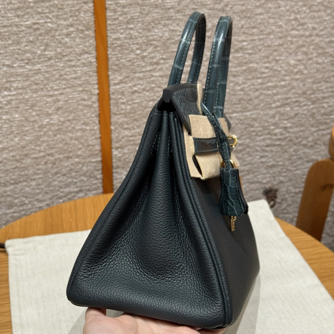 高仿Hermes*Birkin25系列H041344BOCM60松柏綠鱷魚皮拼牛皮金扣純手工