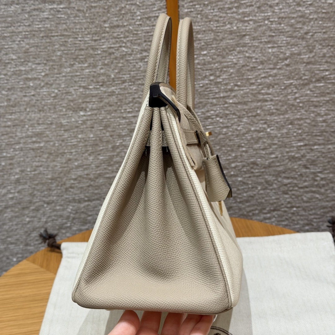 高仿Hermes*Birkin25系列H041344EPI2S2奶油白拼風衣灰牛皮金扣純手工