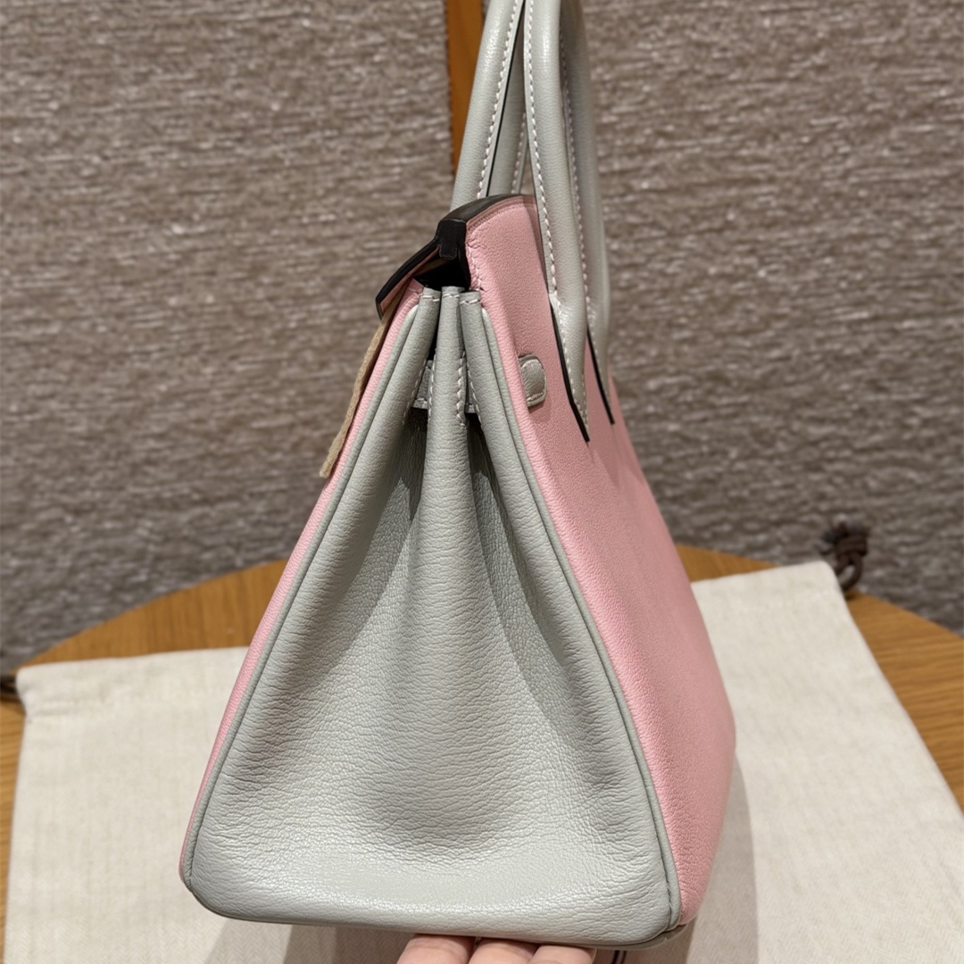 高仿Hermes*Birkin25系列H041344CA3Q80櫻花粉拼珍珠灰山羊皮金扣純手工