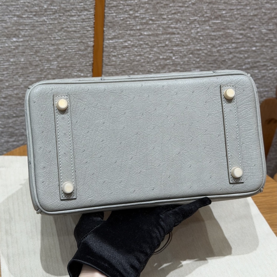 高仿Hermes*Birkin25系列H041344OS80珍珠灰鴕鳥皮金扣純手工