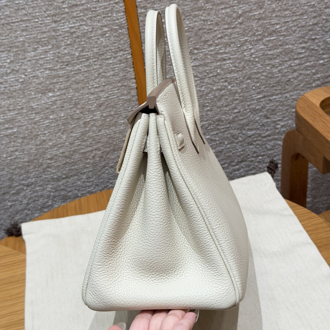 高仿Hermes*Birkin25系列H041344BO1057奶昔白拼波爾多紅牛皮銀扣純手工
