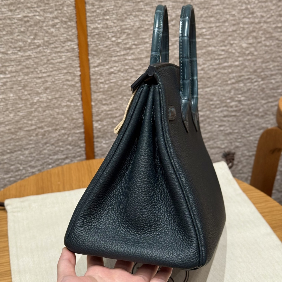 高仿Hermes*Birkin25系列H041344BOCM60松柏綠鱷魚皮拼牛皮金扣純手工
