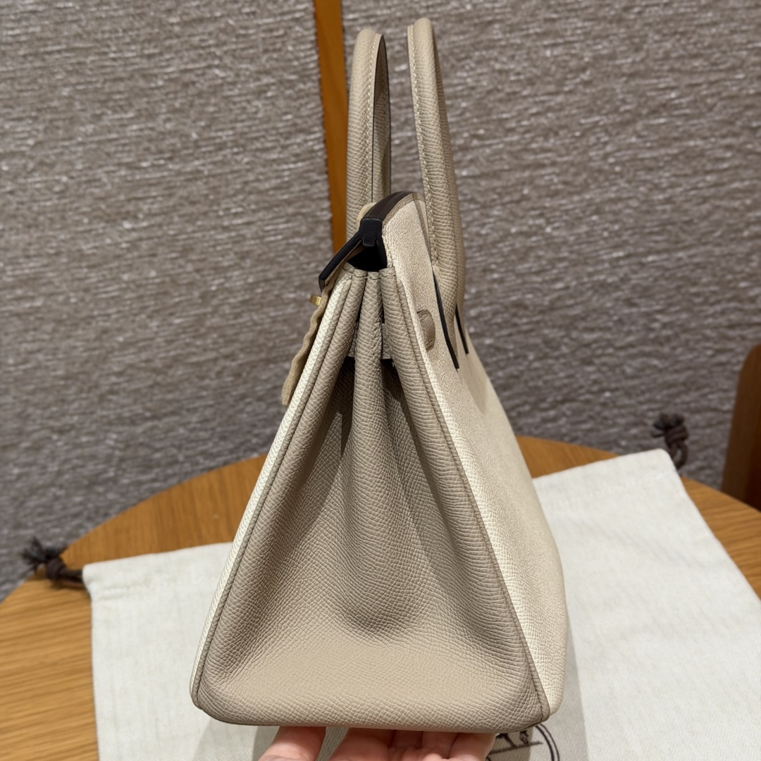 高仿Hermes*Birkin25系列H041344EPI2S2奶油白拼風衣灰牛皮金扣純手工
