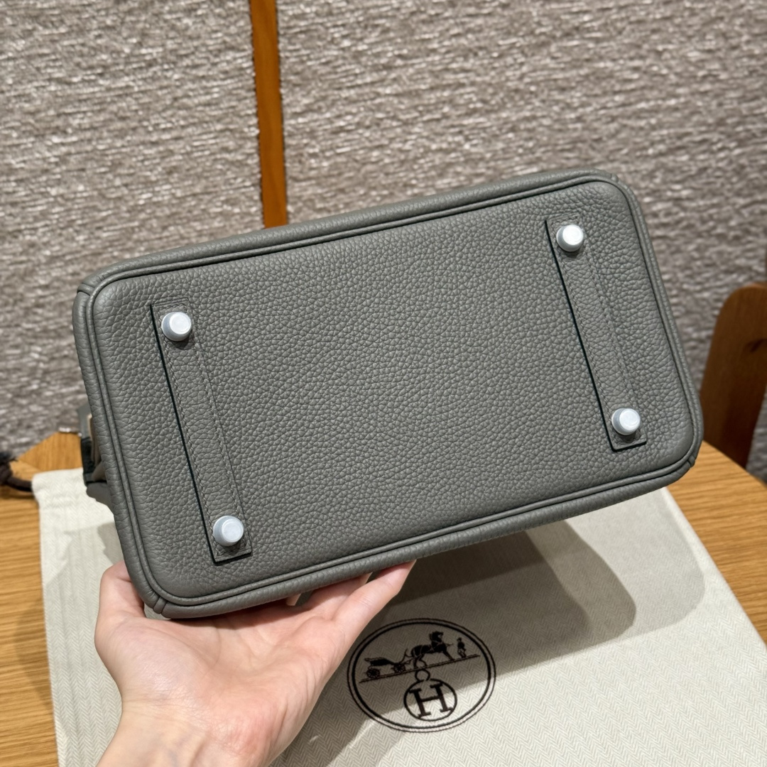 高仿Hermes*Birkin25系列H041344BO0L積雨雲灰牛皮銀扣純手工