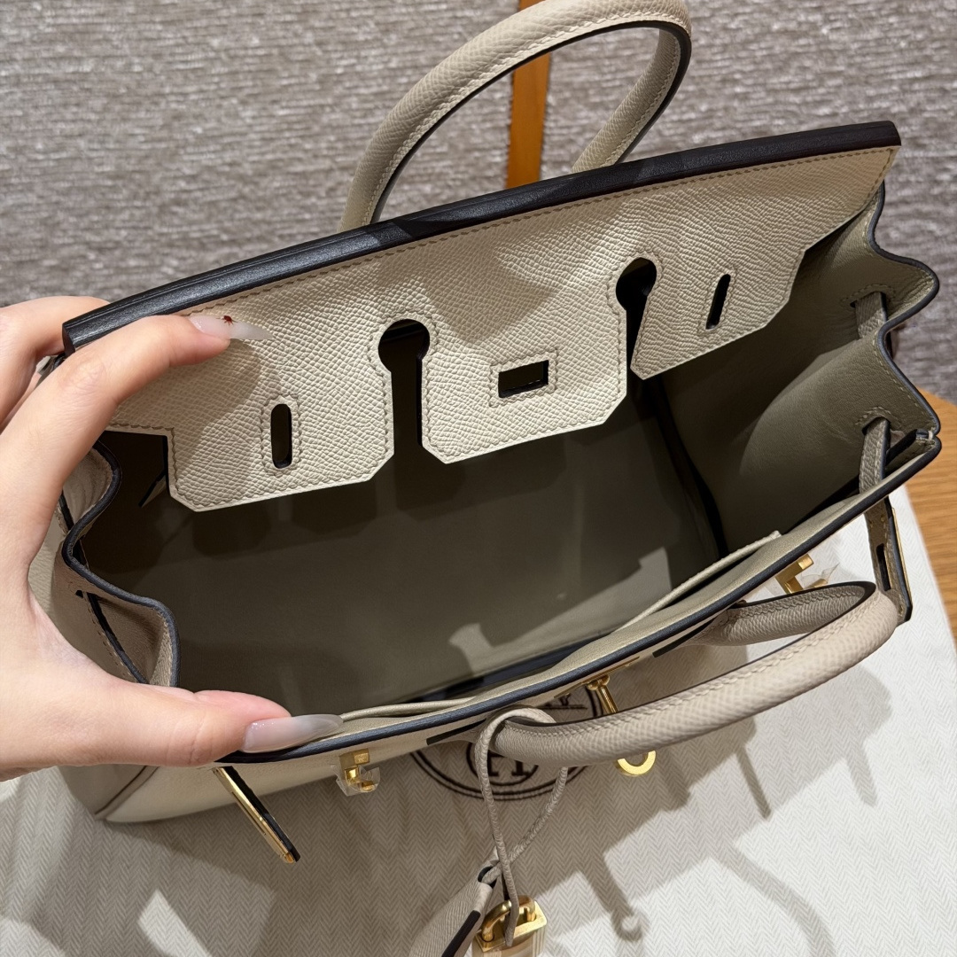 高仿Hermes*Birkin25系列H041344EPI2S2奶油白拼風衣灰牛皮金扣純手工