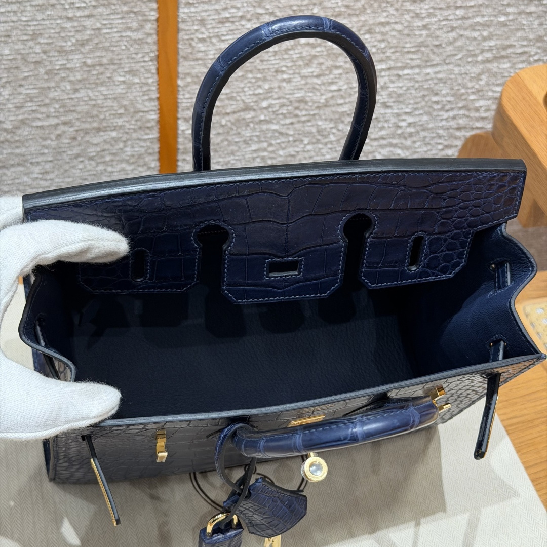 高仿Hermes*Birkin25系列H073178CM37寶石藍鱷魚皮金扣純手工
