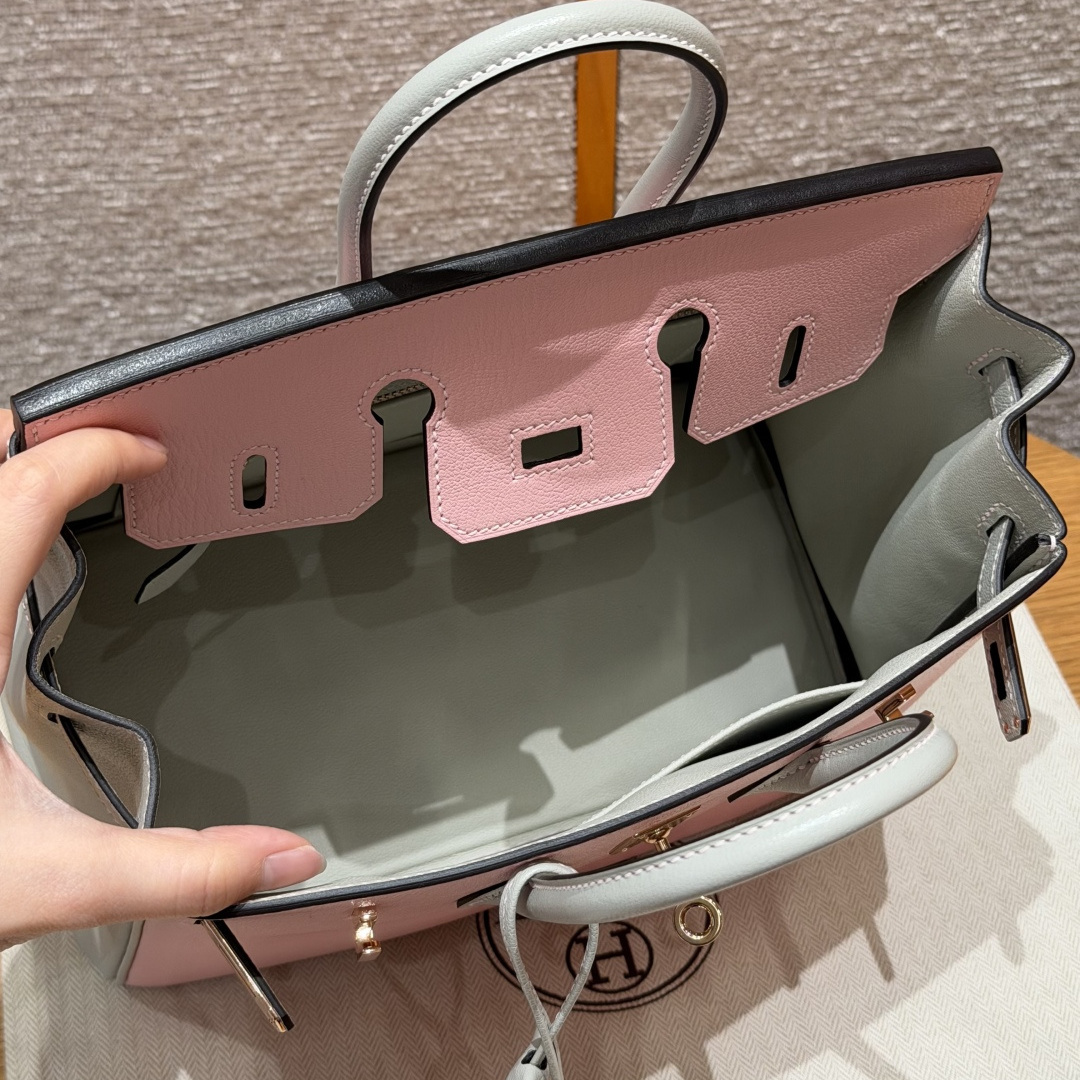 高仿Hermes*Birkin25系列H041344CA3Q80櫻花粉拼珍珠灰山羊皮金扣純手工
