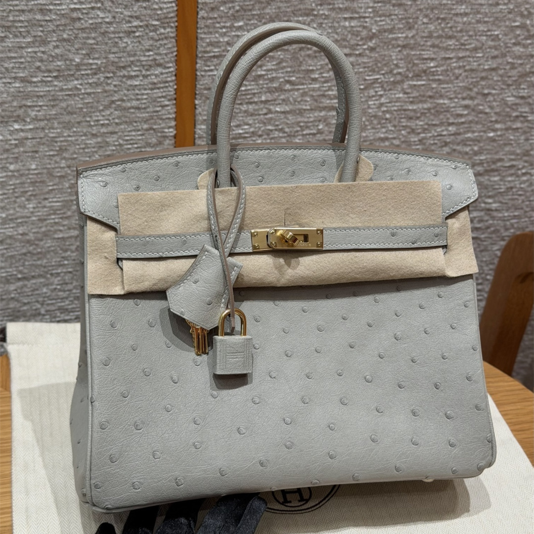 高仿Hermes*Birkin25系列H041344OS80珍珠灰鴕鳥皮金扣純手工