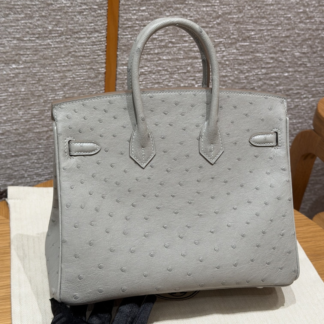 高仿Hermes*Birkin25系列H041344OS80珍珠灰鴕鳥皮金扣純手工