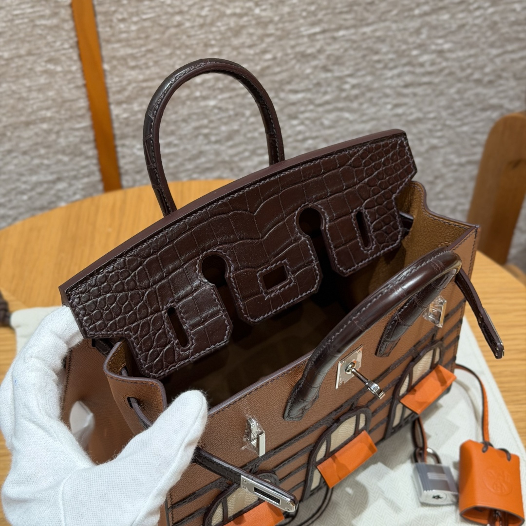高仿Hermes*Birkin20系列H070807CM3746棕房子鱷魚皮銀扣純手工