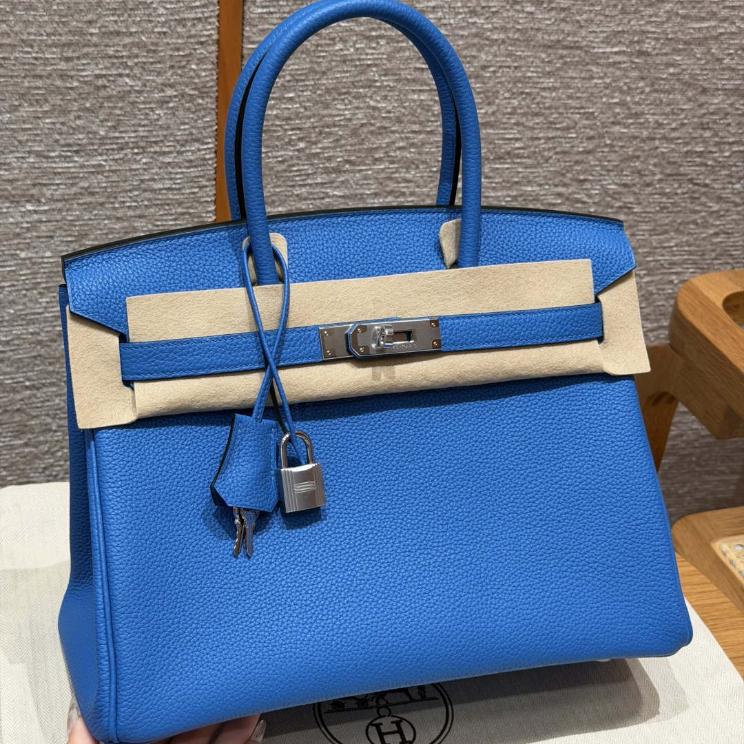 高仿Hermes*Birkin30系列H044897BO17玻璃藍牛皮銀扣純手工