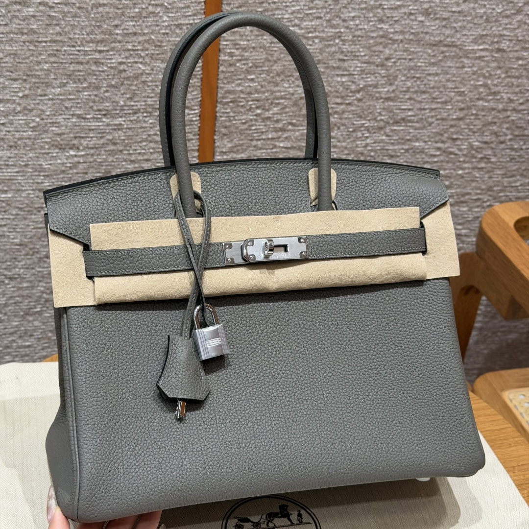 高仿Hermes*Birkin30系列H044897BO0L積雨雲灰牛皮銀扣純手工