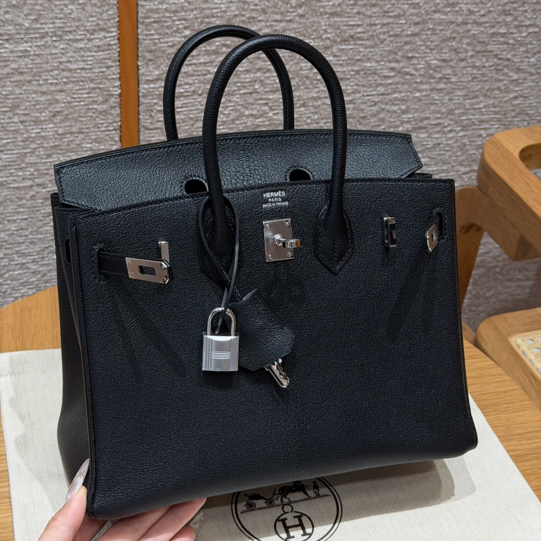 高仿Hermes*Birkin25系列H041344CA89黑色山羊皮銀扣純手工
