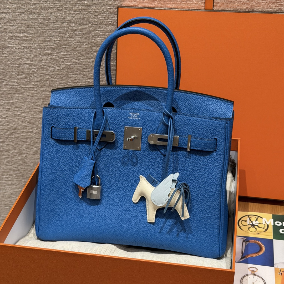 高仿Hermes*Birkin30系列H044897BO17玻璃藍牛皮銀扣純手工