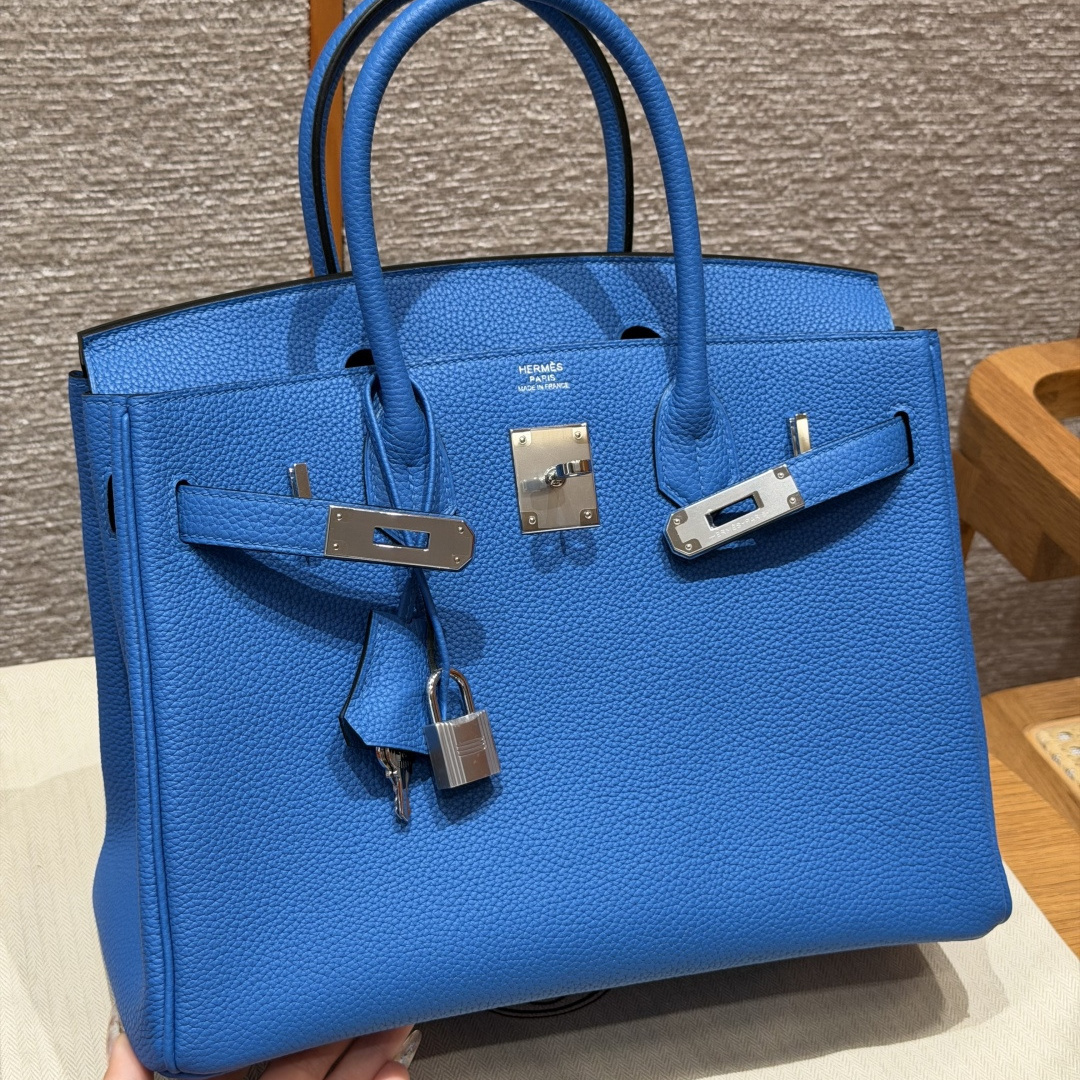 高仿Hermes*Birkin30系列H044897BO17玻璃藍牛皮銀扣純手工