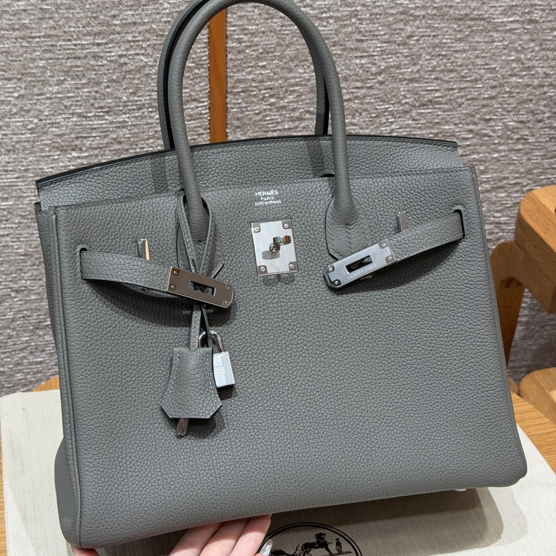 高仿Hermes*Birkin30系列H044897BO0L積雨雲灰牛皮銀扣純手工