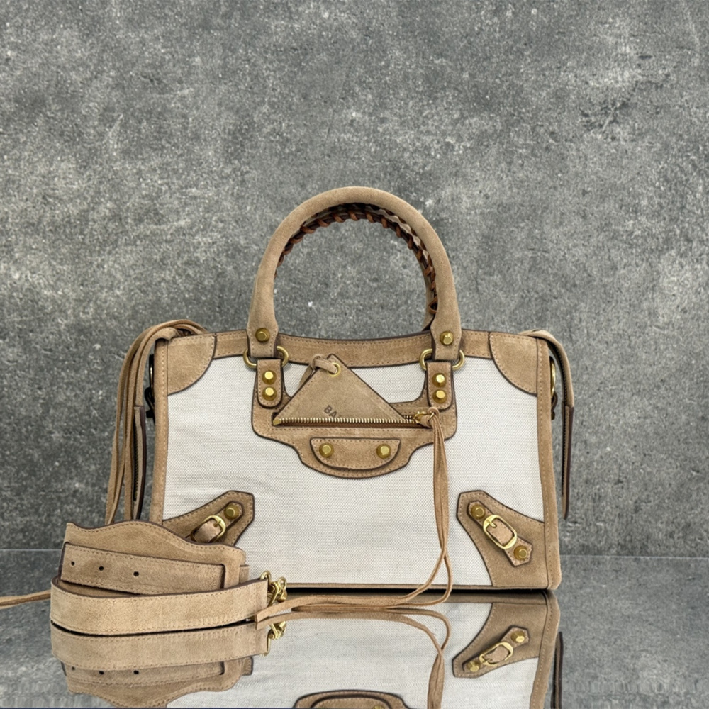 高仿Balenciaga*LeCity系列ACPA9手提包織物牛皮米駝色小號純原版本