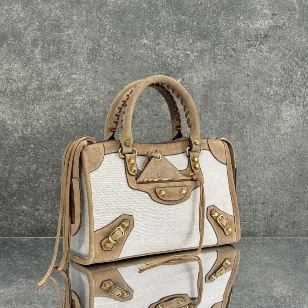 高仿Balenciaga*LeCity系列ACPA9手提包織物牛皮米駝色小號純原版本