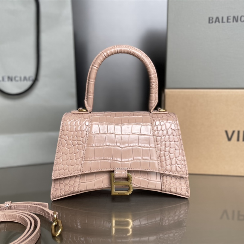 高仿Balenciaga*Hourglass系列4LRGM6沙漏包鱷魚紋裸粉色小號純原版本