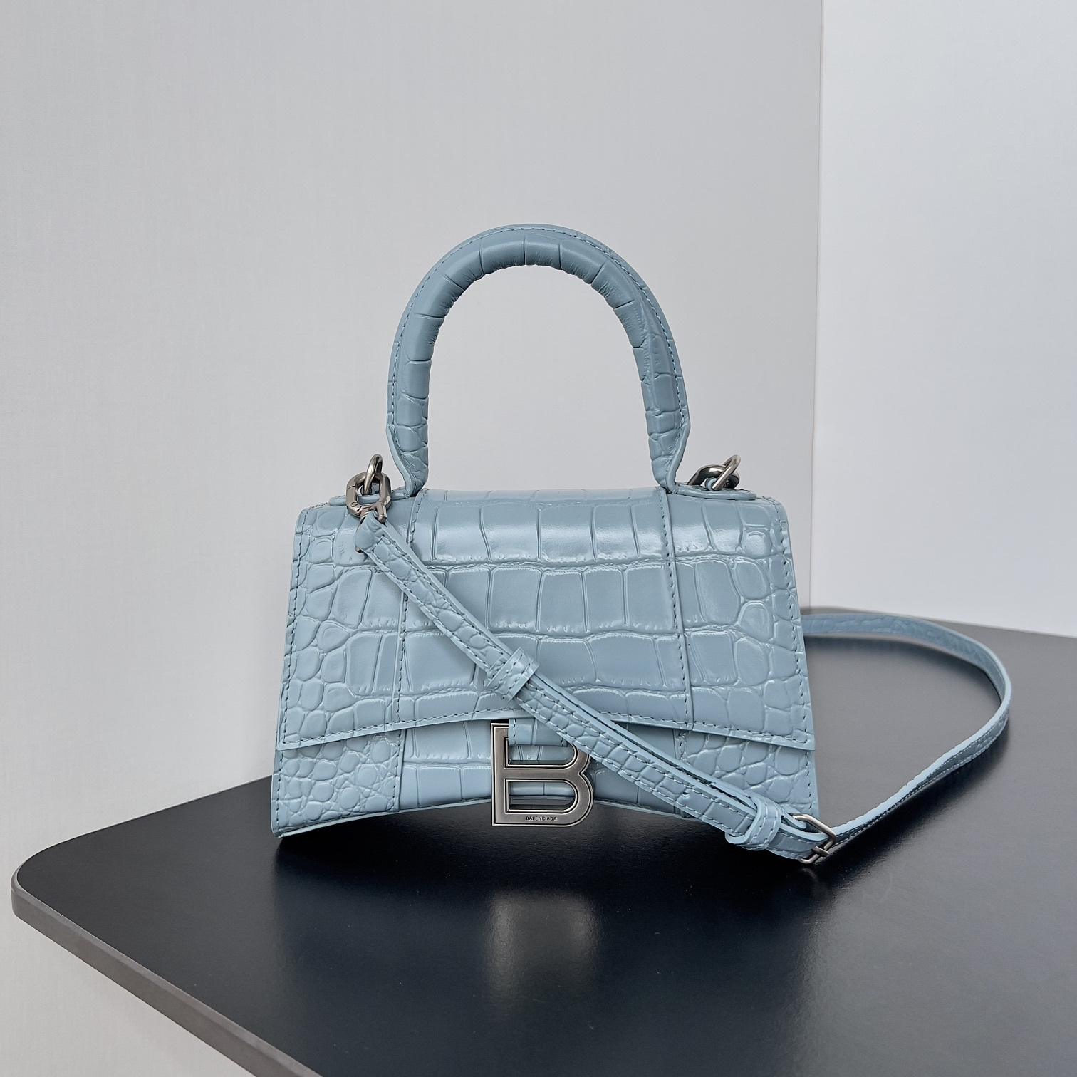 高仿Balenciaga*Hourglass系列41LR6Y沙漏包鱷魚紋霧霾藍mini純原版本