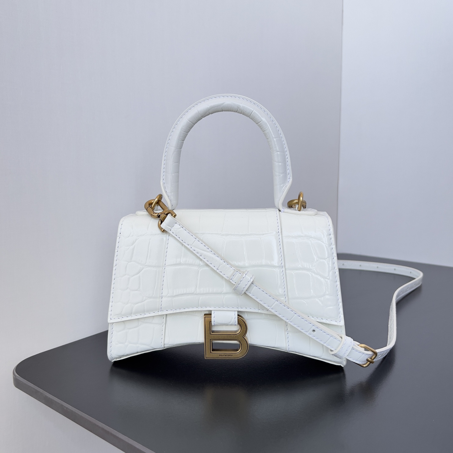 高仿Balenciaga*Hourglass系列31LRGM沙漏包鱷魚紋白色金扣mini純原版本