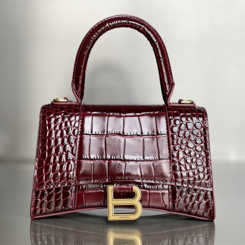 高仿Balenciaga*Hourglass系列1LRGM6沙漏包鱷魚紋酒紅色小號純原版本