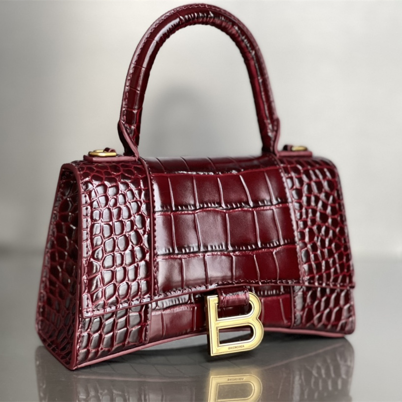 高仿Balenciaga*Hourglass系列1LRGM6沙漏包鱷魚紋酒紅色小號純原版本