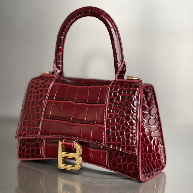高仿Balenciaga*Hourglass系列1LRGM6沙漏包鱷魚紋酒紅色小號純原版本