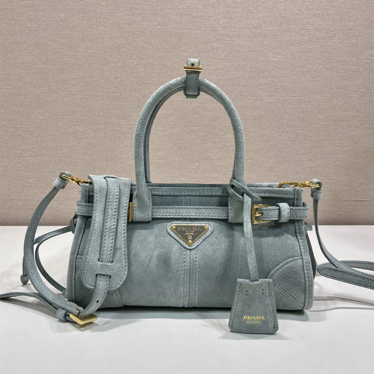 高仿Prada*Bonnie系列1BA486牛皮手提袋霧霾藍mini純原版本